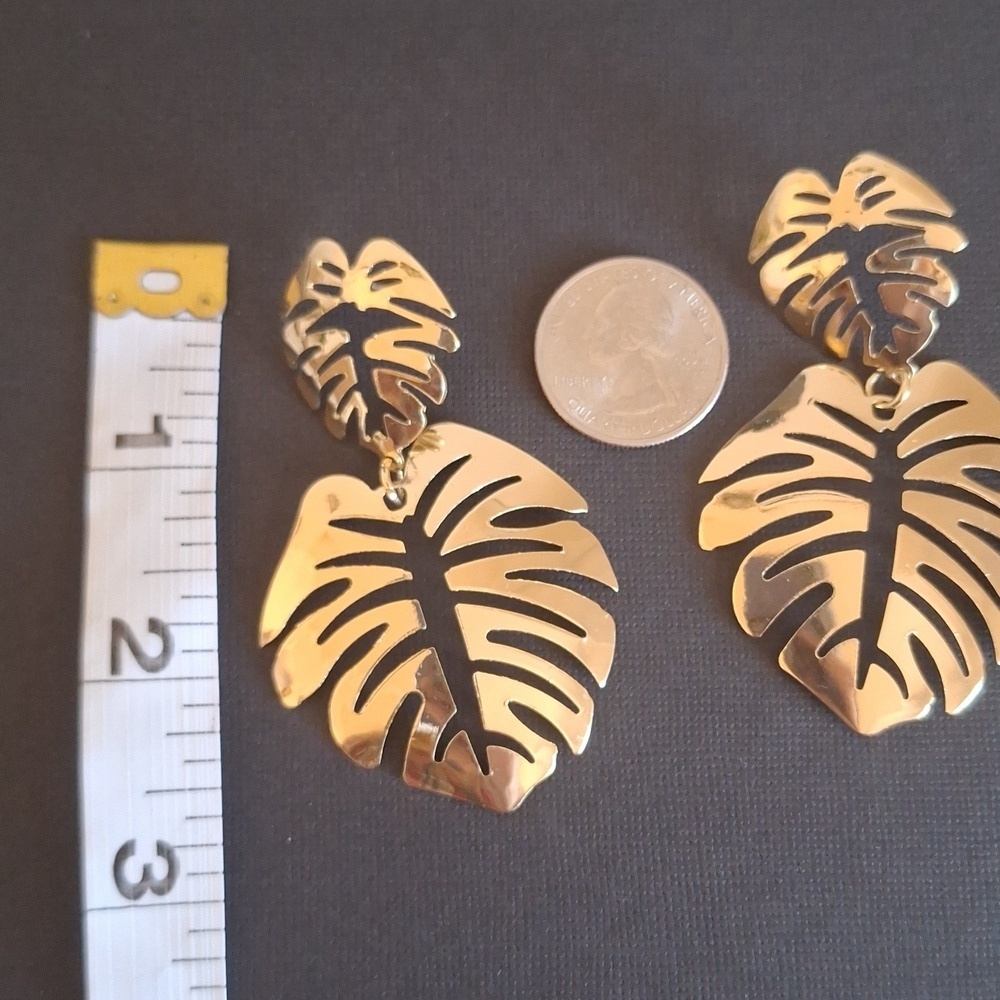 Tropical Monstera Leaf Earrings Solid Gold Brass Botanical Jewelry - Picture 5 of 6